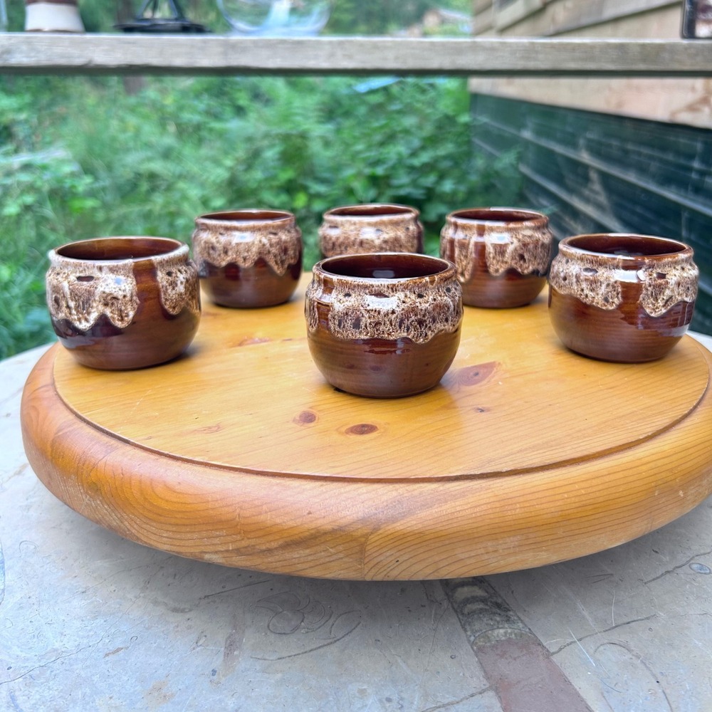 Vintage Ceramic Sake Cups Set 6 Brown Drip Glaze MCM Pottery Espresso Tumblers